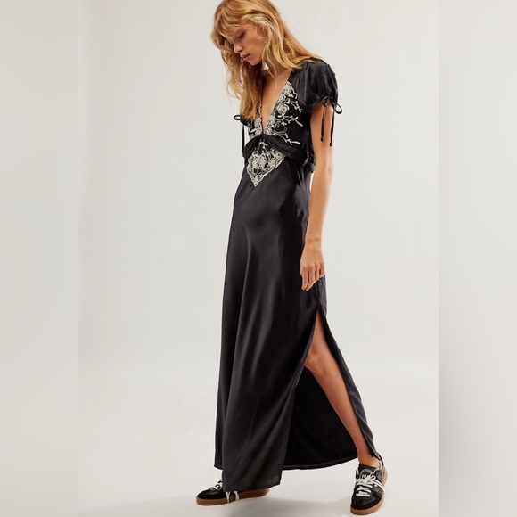 NWT FREE PEOPLE Cooper Maxi Dress Black Satin Embroidered Slip Dress 10 - Picture 1 of 16